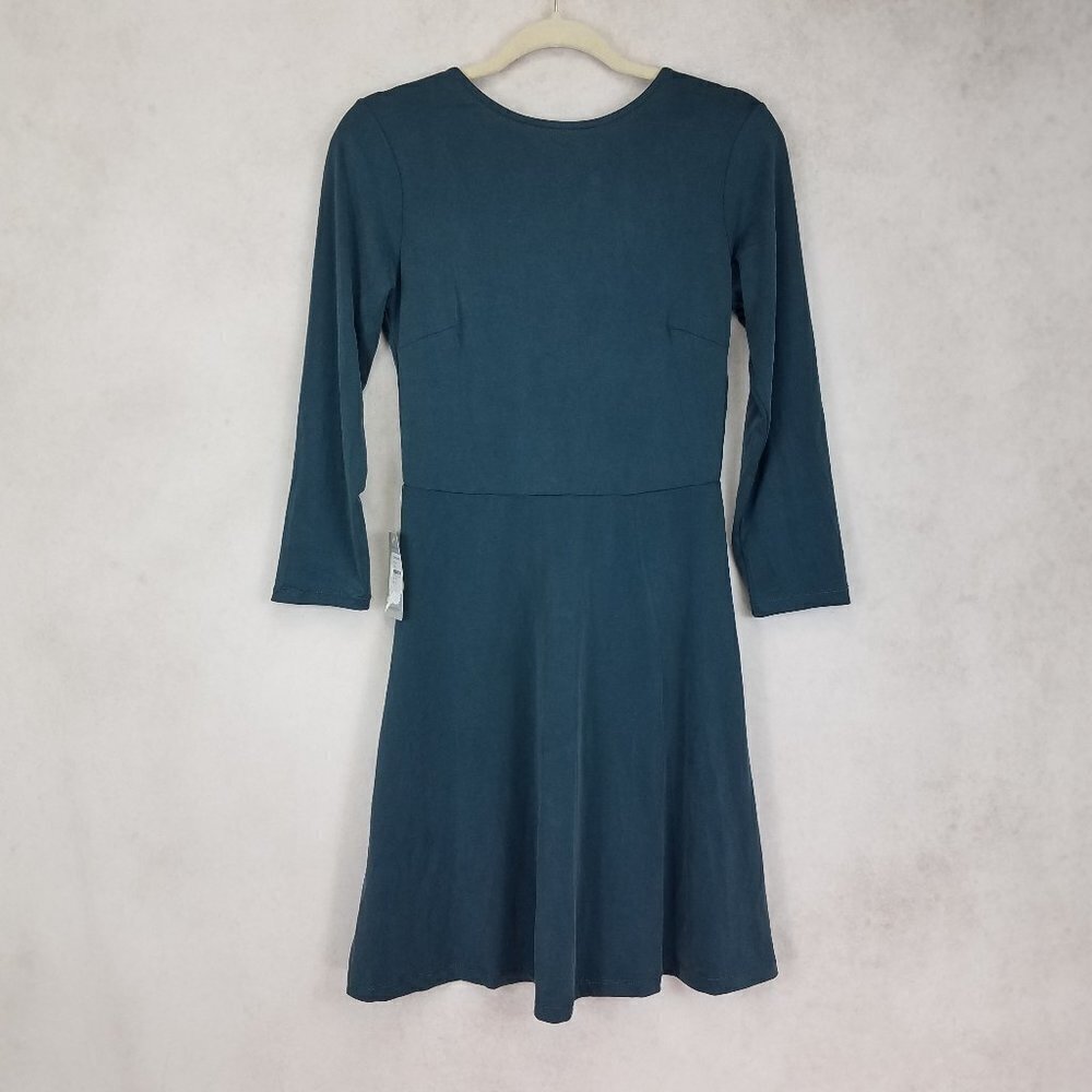 NEW Angie Size M Low V-back Mini Dress 3/4 Sleeves in Teal Blue/Green Peacock